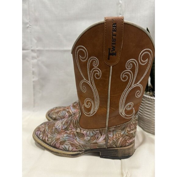 TWISTER "Elizabeth" Leather Boots Girl Size 1 Brown Swirl design floral embossed - Picture 3 of 5